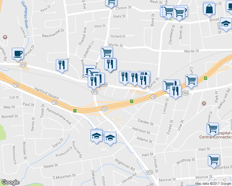map of restaurants, bars, coffee shops, grocery stores, and more near 24 Bradley Street in New Britain