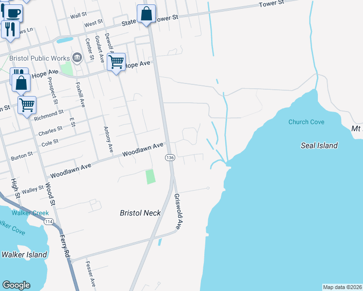 map of restaurants, bars, coffee shops, grocery stores, and more near 2 Weetamoe Farm Drive in Bristol