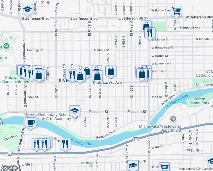 map of restaurants, bars, coffee shops, grocery stores, and more near 911 South 32nd Street in South Bend