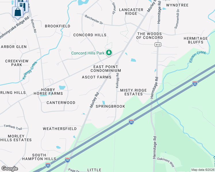 map of restaurants, bars, coffee shops, grocery stores, and more near 7505 Morley Rd in Mentor