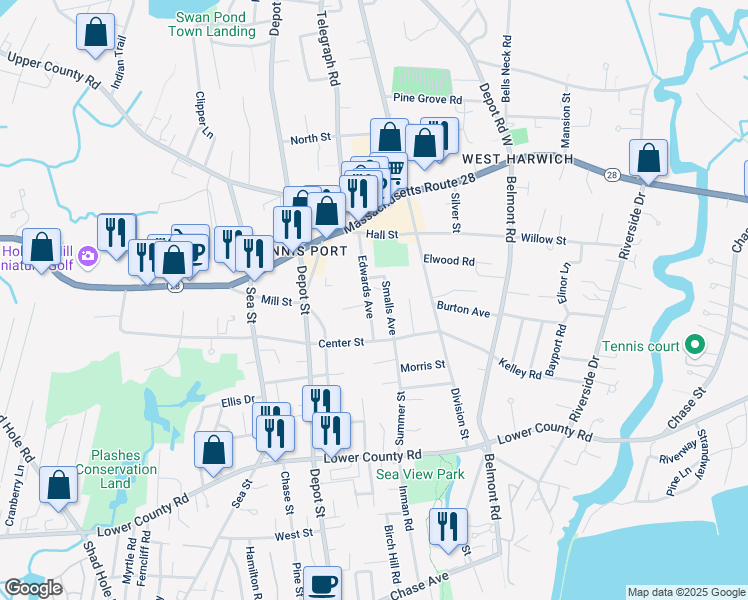 map of restaurants, bars, coffee shops, grocery stores, and more near 22 Edwards Avenue in Dennis
