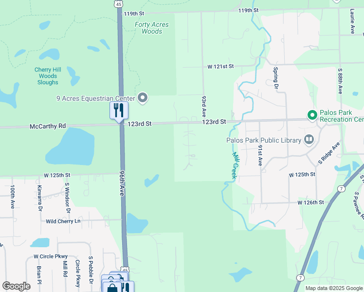 map of restaurants, bars, coffee shops, grocery stores, and more near 12320 South Hobart Street in Palos Park