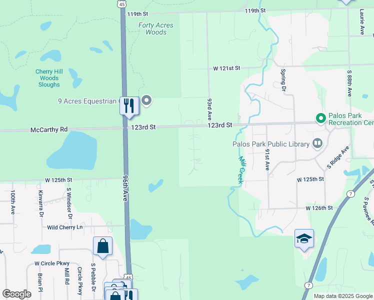 map of restaurants, bars, coffee shops, grocery stores, and more near 12320 South Hobart Street in Palos Park