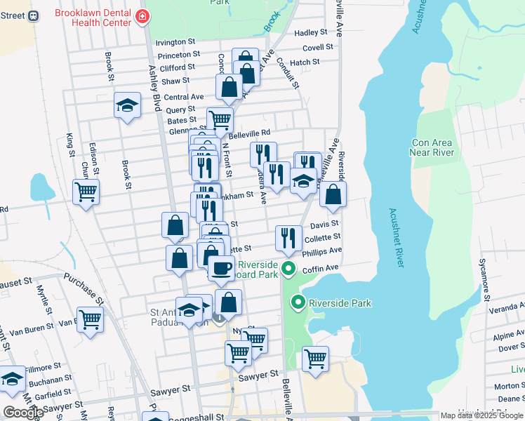 map of restaurants, bars, coffee shops, grocery stores, and more near 68 Hathaway Street in New Bedford