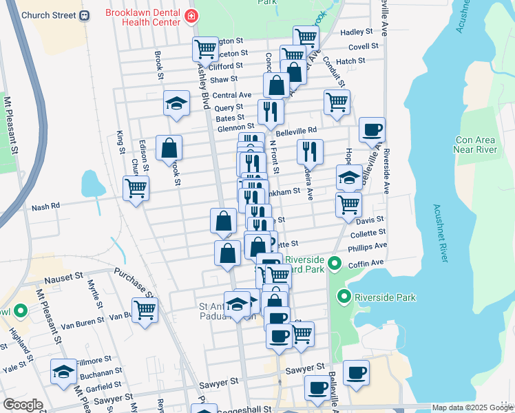map of restaurants, bars, coffee shops, grocery stores, and more near 1653 Acushnet Avenue in New Bedford