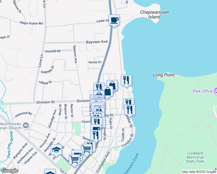 map of restaurants, bars, coffee shops, grocery stores, and more near 46 Duane Street in East Greenwich