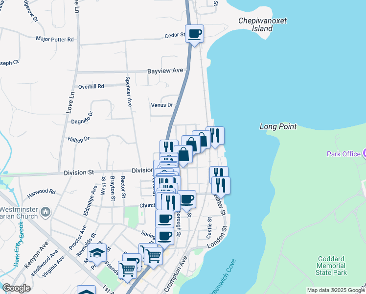 map of restaurants, bars, coffee shops, grocery stores, and more near 46 Duane Street in East Greenwich