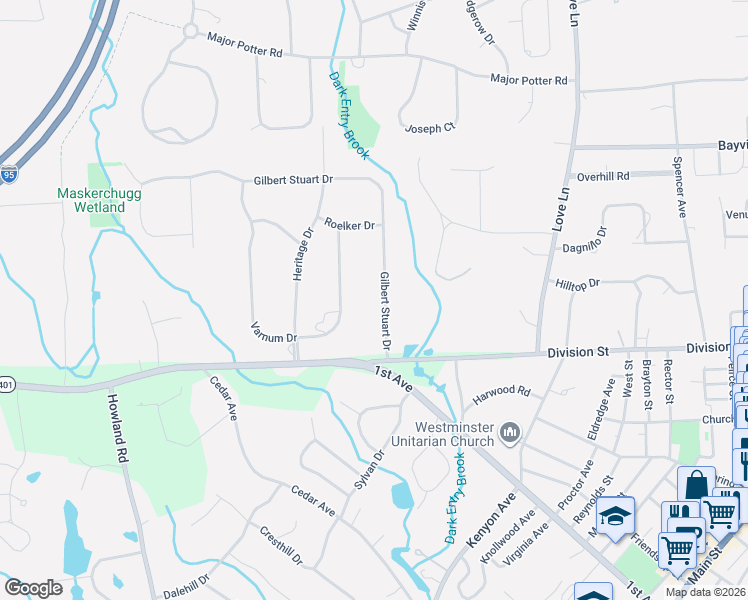 map of restaurants, bars, coffee shops, grocery stores, and more near 26 Gilbert Stuart Drive in East Greenwich