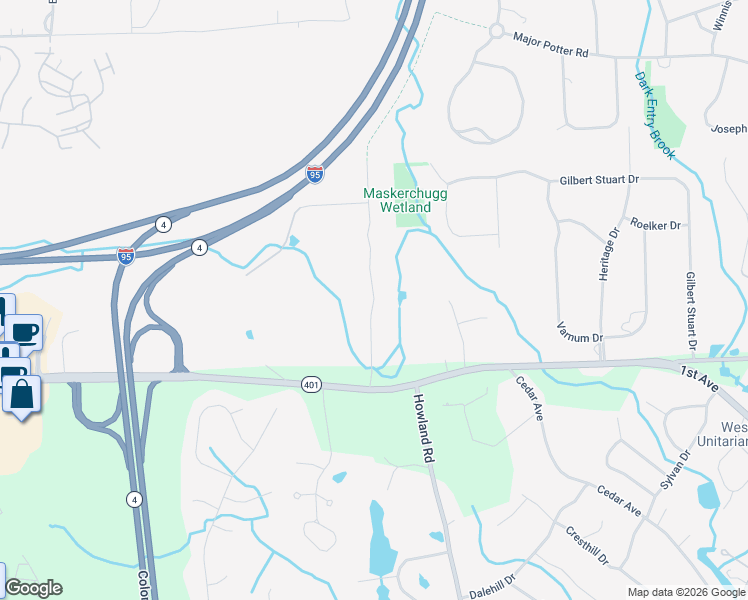 map of restaurants, bars, coffee shops, grocery stores, and more near 481 Green Bush Road in East Greenwich