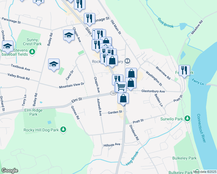 map of restaurants, bars, coffee shops, grocery stores, and more near 45 Elm Street in Rocky Hill