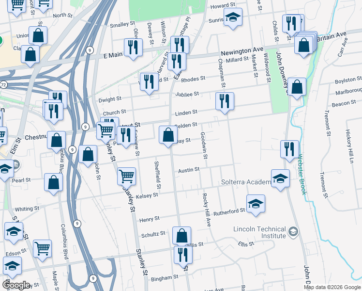 map of restaurants, bars, coffee shops, grocery stores, and more near 451 East Street in New Britain