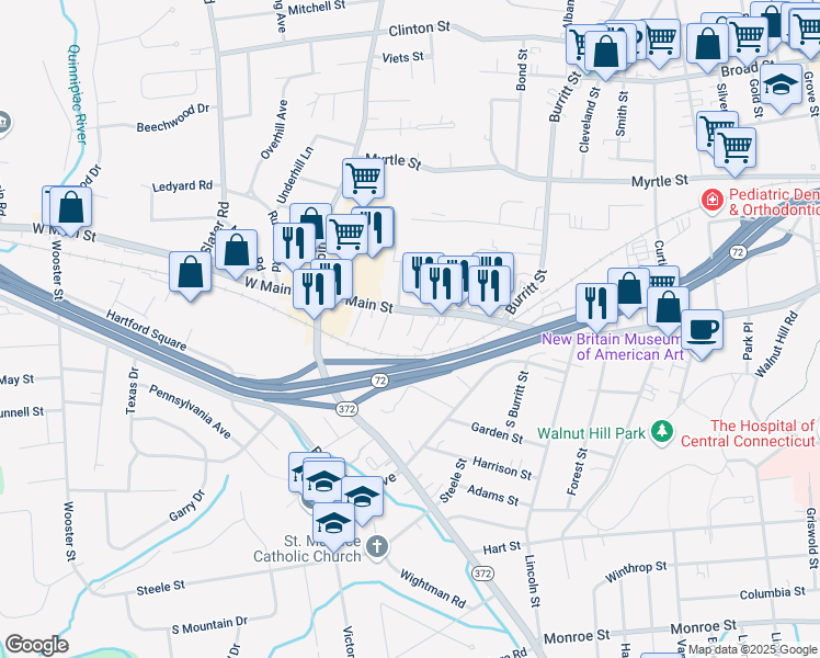map of restaurants, bars, coffee shops, grocery stores, and more near 17 Holmes Avenue in New Britain