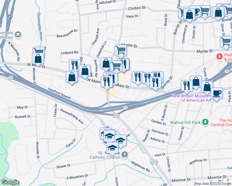 map of restaurants, bars, coffee shops, grocery stores, and more near 33 Wakefield Court in New Britain