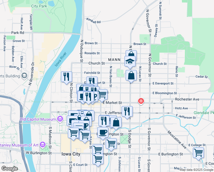 map of restaurants, bars, coffee shops, grocery stores, and more near 332 North Van Buren Street in Iowa City