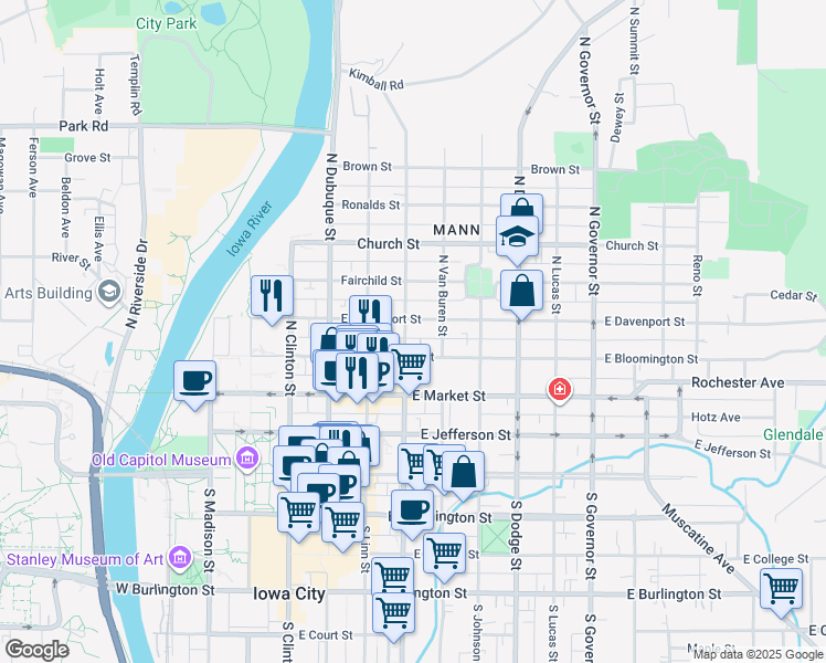 map of restaurants, bars, coffee shops, grocery stores, and more near 324 North Gilbert Street in Iowa City