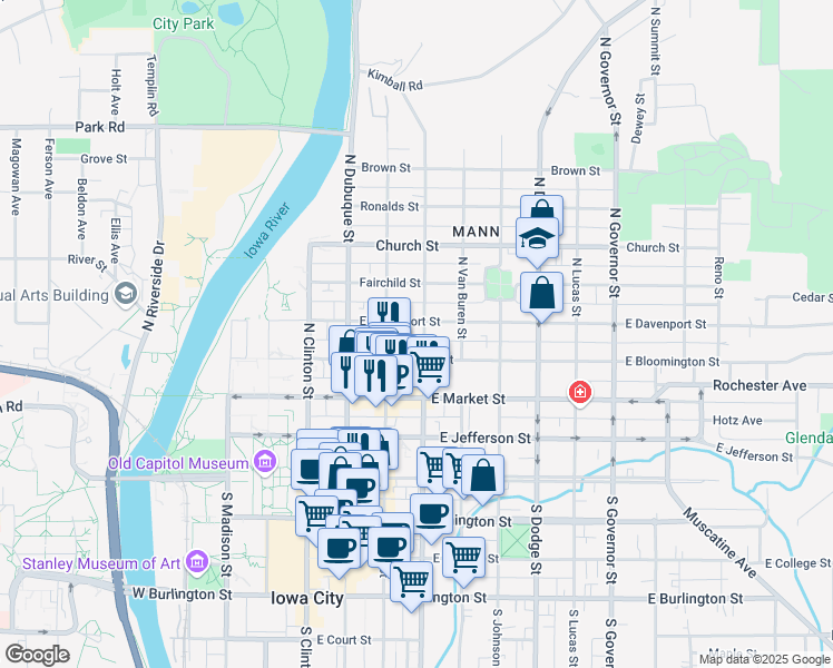 map of restaurants, bars, coffee shops, grocery stores, and more near 324 North Gilbert Street in Iowa City