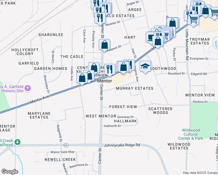 map of restaurants, bars, coffee shops, grocery stores, and more near 8431 Esther Street in Mentor
