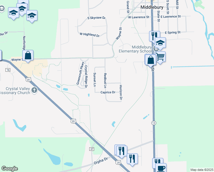 map of restaurants, bars, coffee shops, grocery stores, and more near 516 Redbud Lane in Middlebury