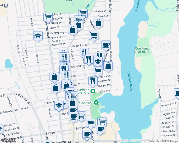 map of restaurants, bars, coffee shops, grocery stores, and more near 26 Madeira Avenue in New Bedford