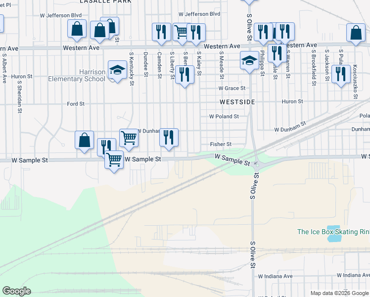 map of restaurants, bars, coffee shops, grocery stores, and more near 833 South Bendix Drive in South Bend