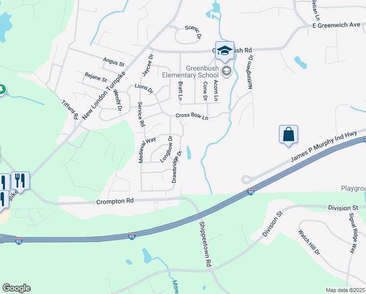 map of restaurants, bars, coffee shops, grocery stores, and more near 10 Drawbridge Drive in West Warwick
