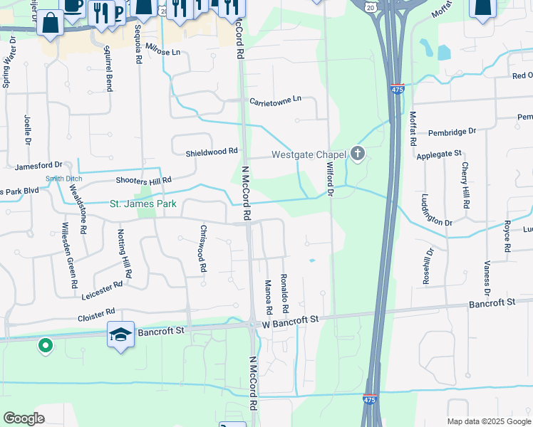 map of restaurants, bars, coffee shops, grocery stores, and more near 6636 Regents Park Boulevard in Toledo
