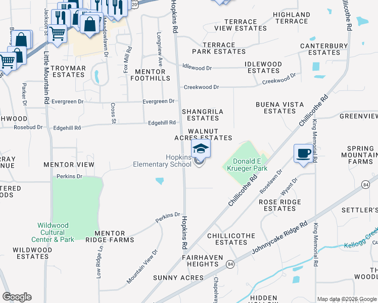 map of restaurants, bars, coffee shops, grocery stores, and more near 7535 Hopkins Road in Mentor