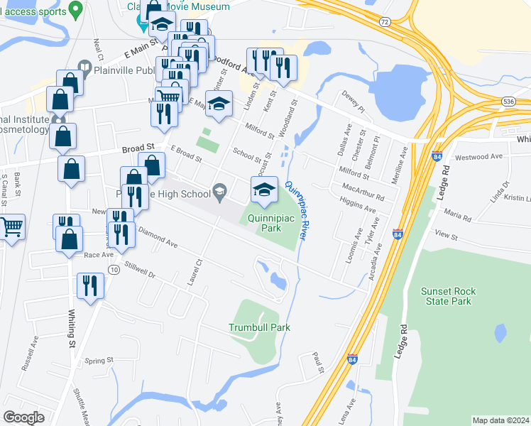 map of restaurants, bars, coffee shops, grocery stores, and more near 47 Robert Holcomb Way in Plainville