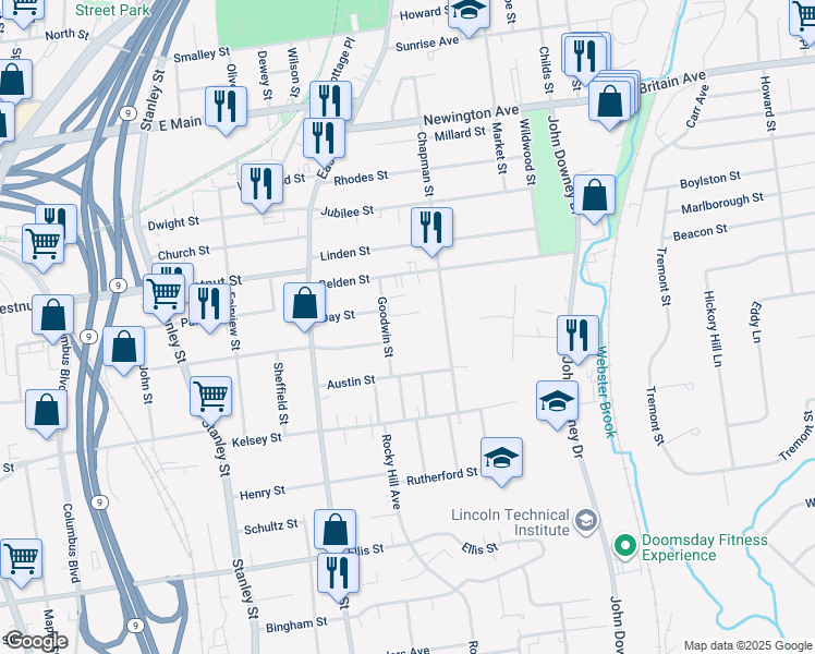 map of restaurants, bars, coffee shops, grocery stores, and more near 40 Goodwin Street in New Britain