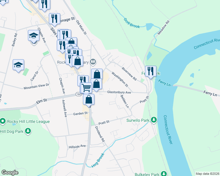 map of restaurants, bars, coffee shops, grocery stores, and more near 20 Glastonbury Avenue in Rocky Hill