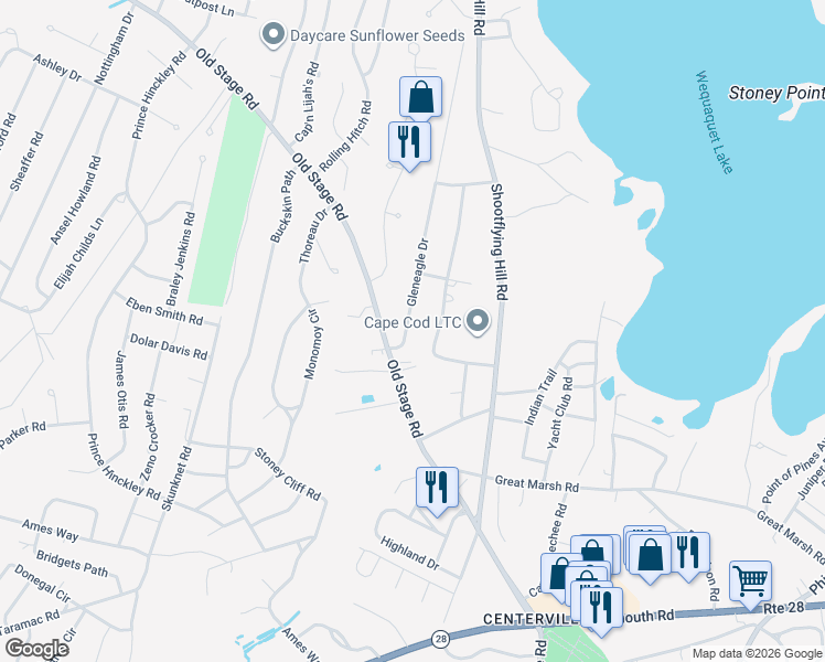 map of restaurants, bars, coffee shops, grocery stores, and more near 30 Gleneagle Drive in Barnstable