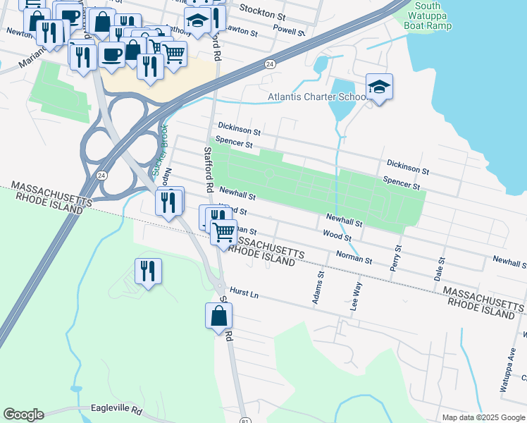 map of restaurants, bars, coffee shops, grocery stores, and more near 150 Wood Street in Fall River