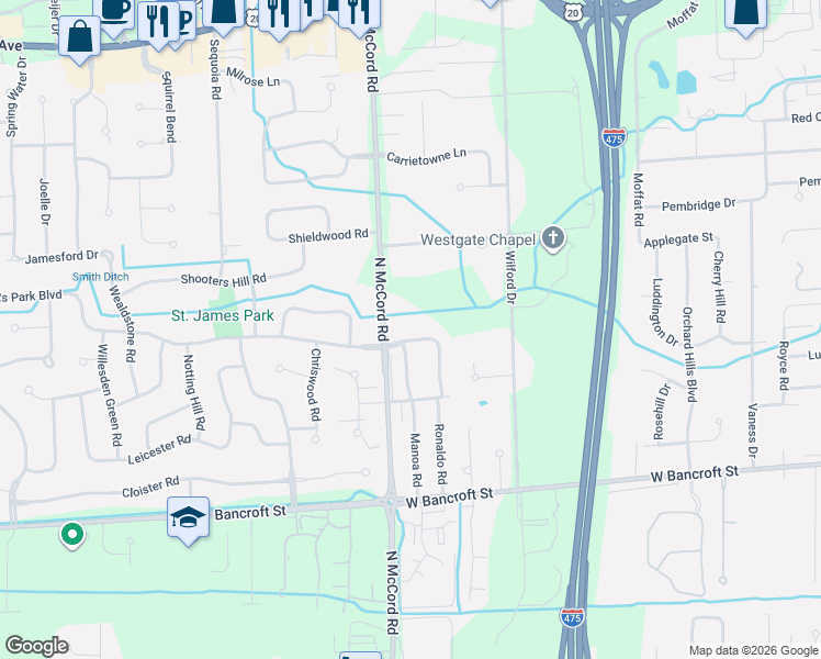 map of restaurants, bars, coffee shops, grocery stores, and more near 6636 Regents Park Boulevard in Toledo