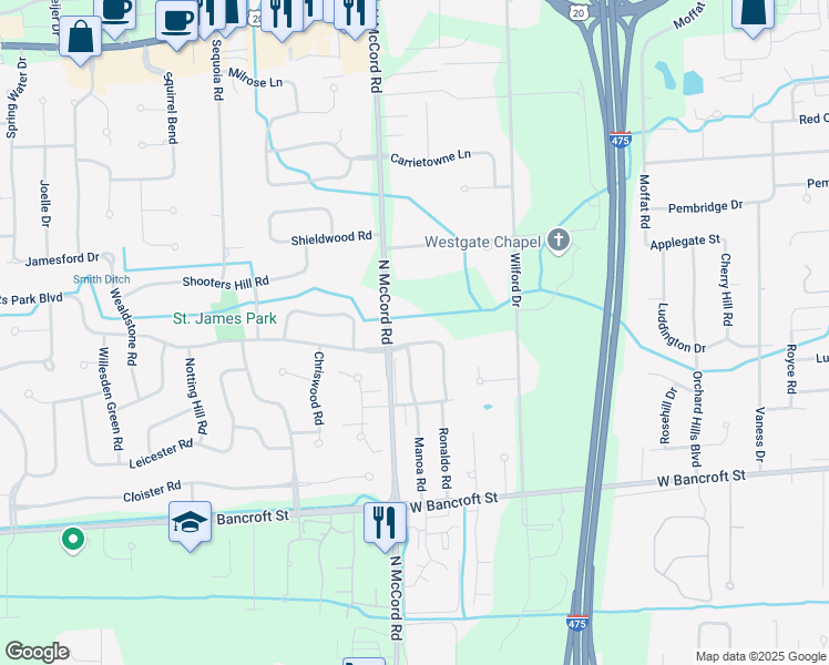 map of restaurants, bars, coffee shops, grocery stores, and more near 6636 Regents Park Boulevard in Toledo