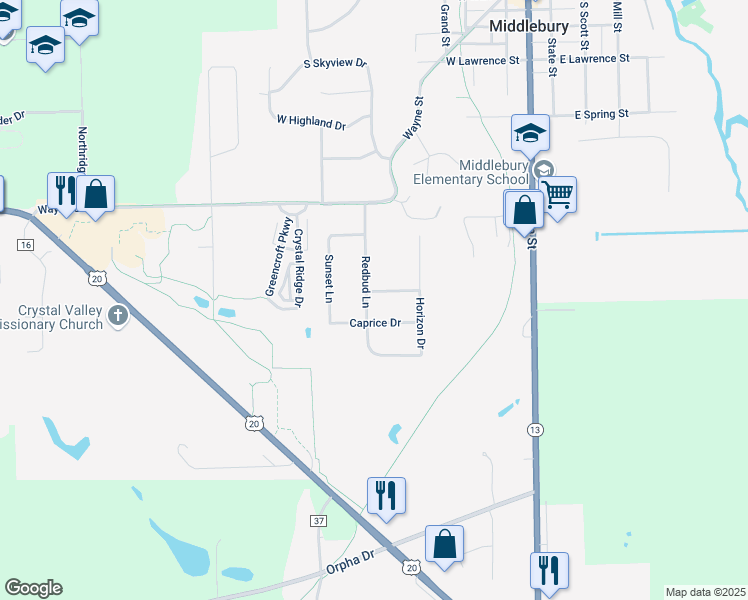 map of restaurants, bars, coffee shops, grocery stores, and more near 516 Redbud Lane in Middlebury