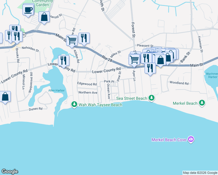 map of restaurants, bars, coffee shops, grocery stores, and more near 25 Ocean Avenue in Harwich