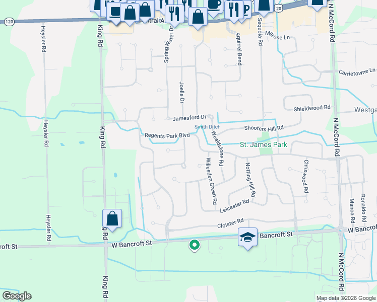 map of restaurants, bars, coffee shops, grocery stores, and more near 2506 Wembley Terrace North in Toledo