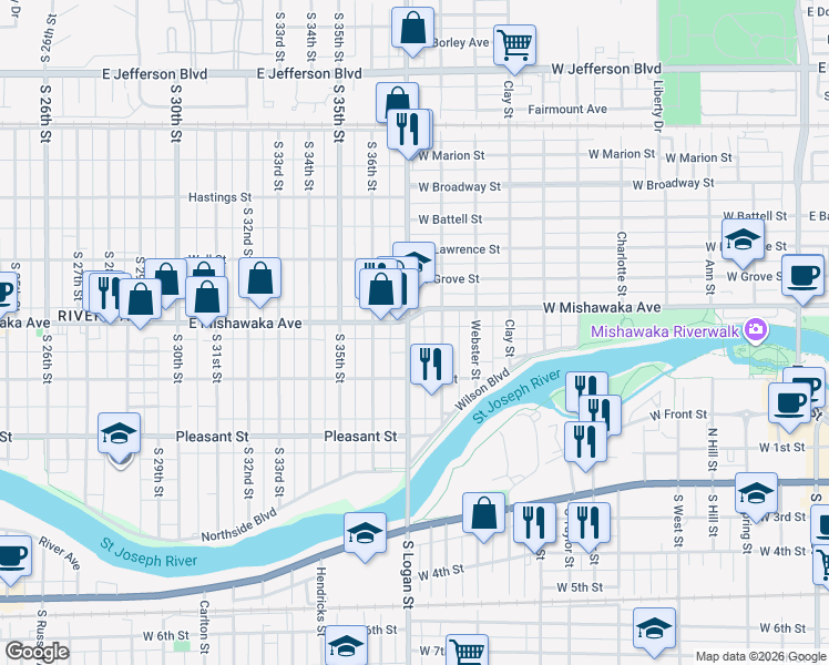 map of restaurants, bars, coffee shops, grocery stores, and more near 544 Logan Street in South Bend