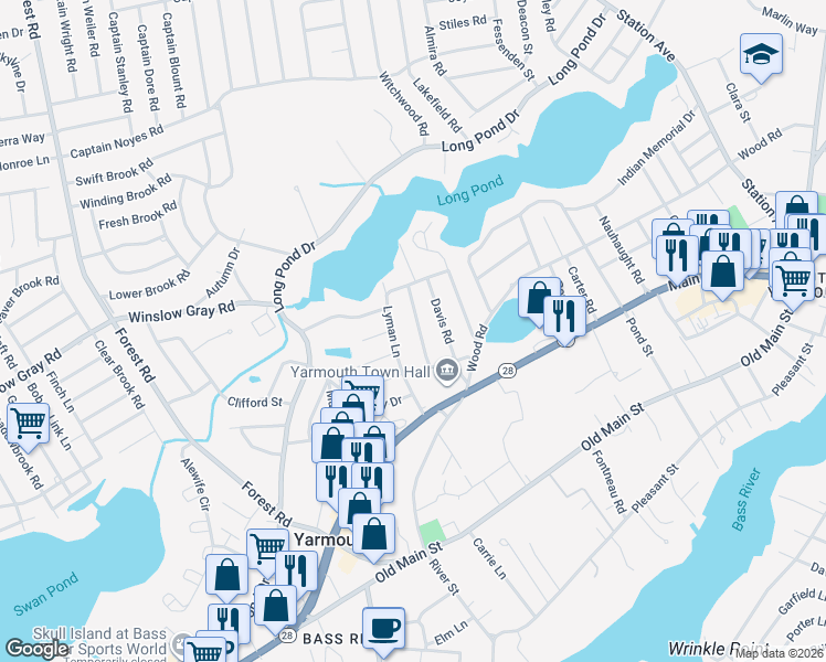 map of restaurants, bars, coffee shops, grocery stores, and more near 23 Town Hall Avenue in Yarmouth