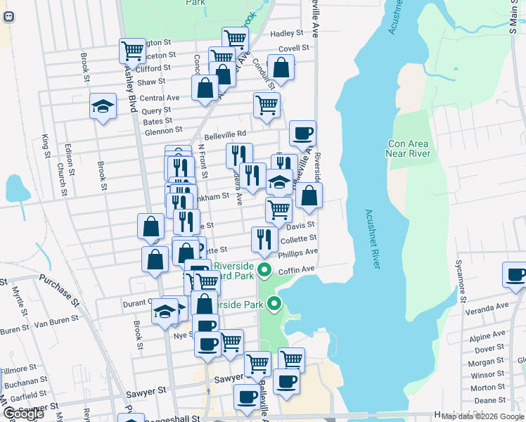 map of restaurants, bars, coffee shops, grocery stores, and more near 26 Madeira Avenue in New Bedford
