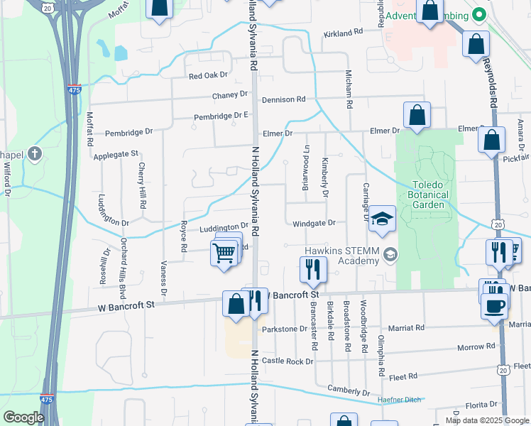 map of restaurants, bars, coffee shops, grocery stores, and more near 2404 North Holland Sylvania Road in Toledo