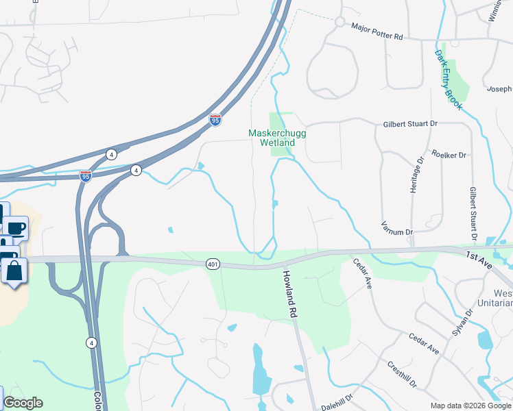 map of restaurants, bars, coffee shops, grocery stores, and more near 481 Green Bush Road in East Greenwich