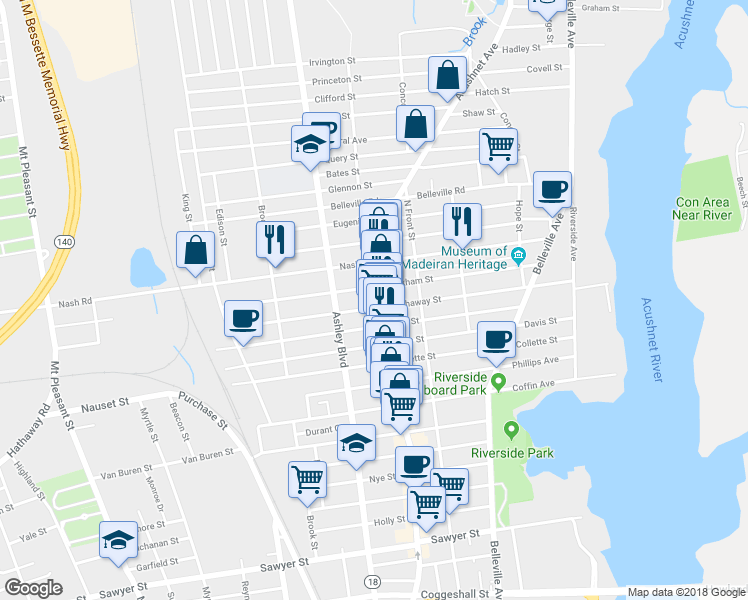 map of restaurants, bars, coffee shops, grocery stores, and more near 1653 Acushnet Avenue in New Bedford