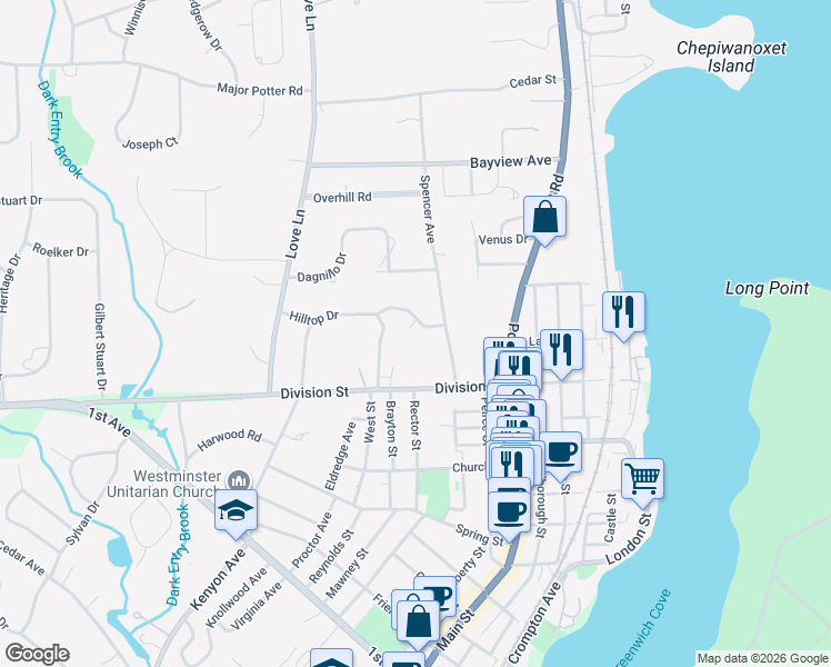 map of restaurants, bars, coffee shops, grocery stores, and more near 28 Hilltop Drive in East Greenwich