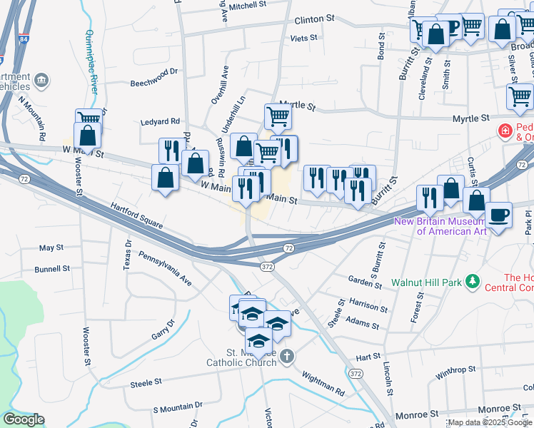 map of restaurants, bars, coffee shops, grocery stores, and more near 33 Wakefield Court in New Britain