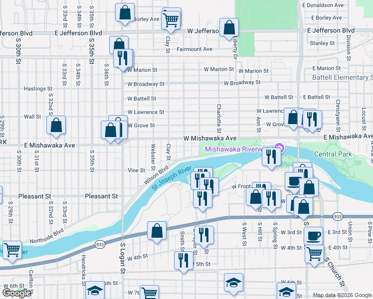 map of restaurants, bars, coffee shops, grocery stores, and more near 518 Benton Street in Mishawaka