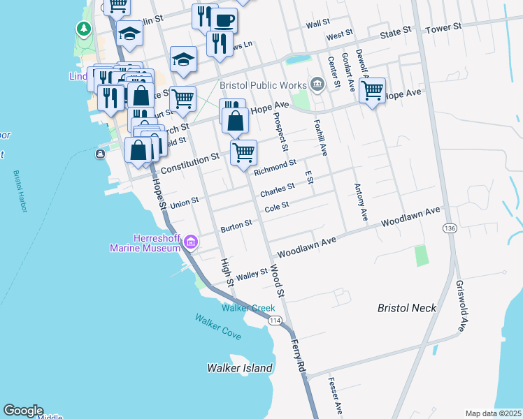 map of restaurants, bars, coffee shops, grocery stores, and more near 164 Wood Street in Bristol