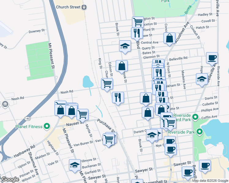 map of restaurants, bars, coffee shops, grocery stores, and more near 331 Tinkham Street in New Bedford