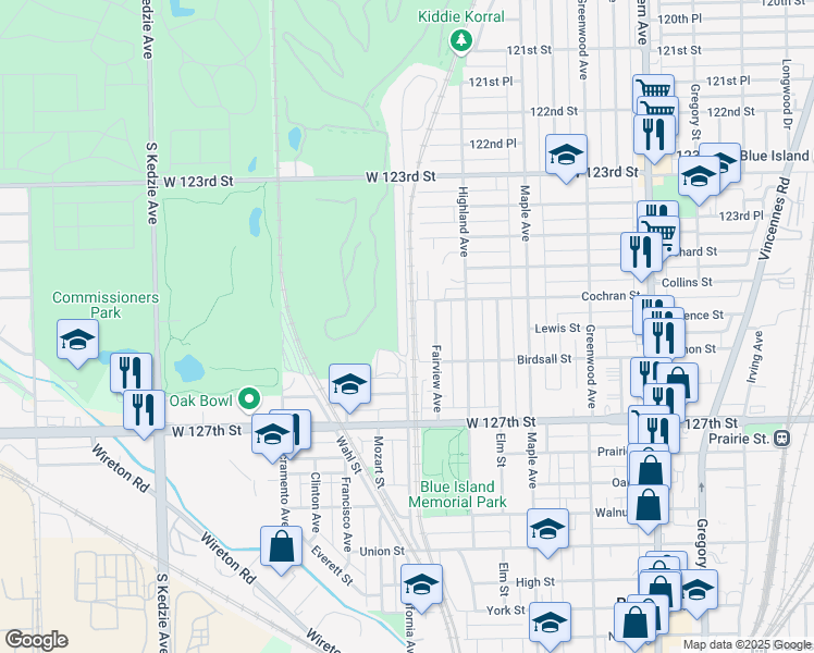 map of restaurants, bars, coffee shops, grocery stores, and more near 12521 Meadow Lane in Blue Island