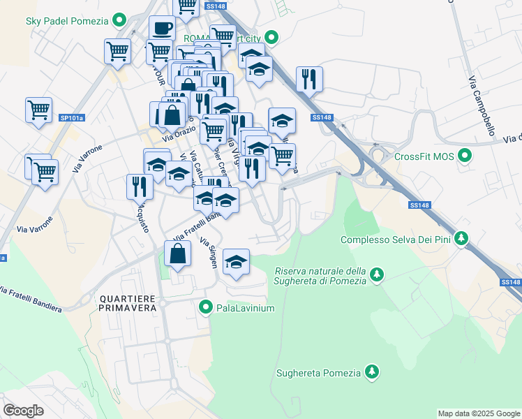map of restaurants, bars, coffee shops, grocery stores, and more near 89 Via Virgilio in Pomezia